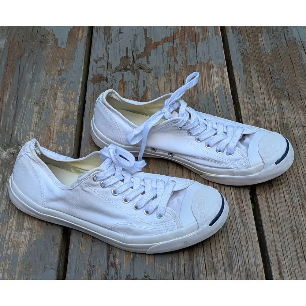 Converse Jack Purcell Low Top White Canvas Sneakers Mens 9.5 Womens 11 Smile Toe